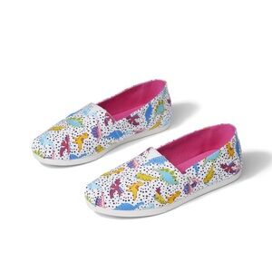 Toms Alpargata Womens White Dinosaur Dino Doodle Print Slip On Shoes Size 7